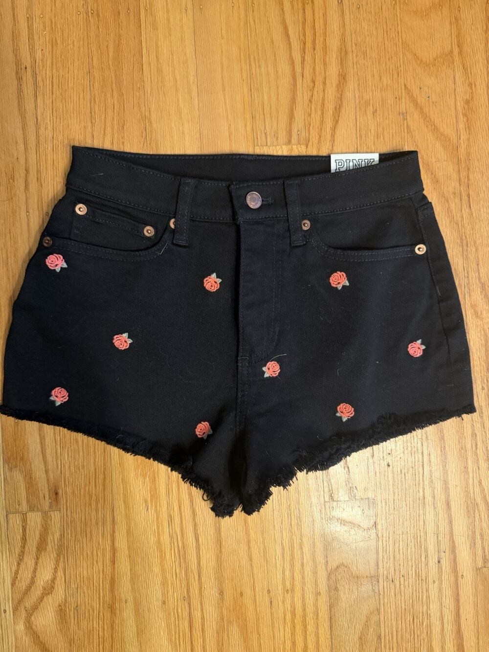 NWT Victoria’s Secret Pink High Waisted Cut Off Shorts Sz 2 Black & Pink Roses